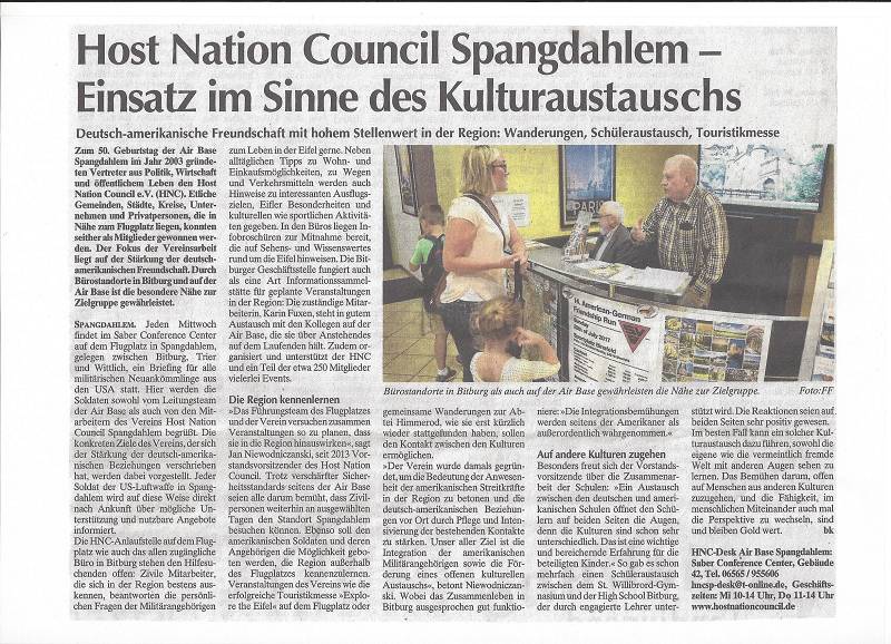 Im Wochenspiegel vom 21. Juli 2017 können Sie über die Arbeit und Aufgabe des Host Nation Council Spangdahlem lesen