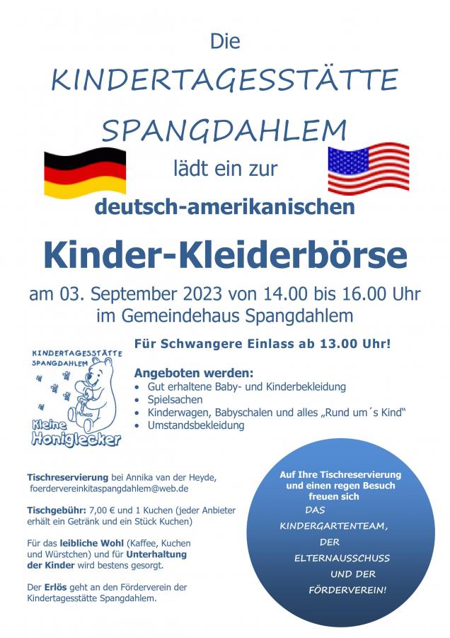 Flyer deutsch-amerikanische Kinder-Kleiderbörse Kita Spangdahlem Sep. 2023 -deutsche Version