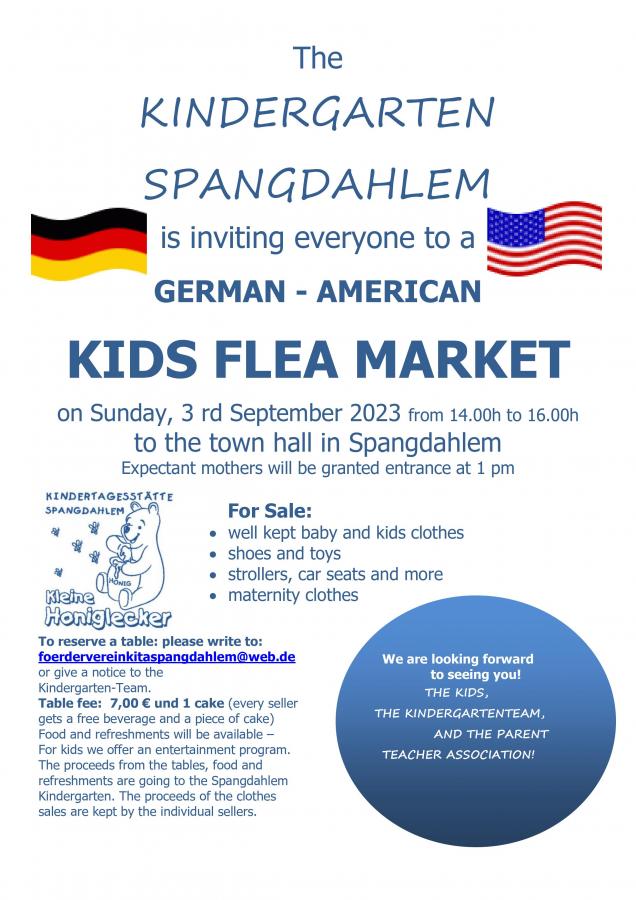 Flyer deutsch-amerikanische Kinder-Kleiderbörse Kita Spangdahlem Sep. 2023 -englische Version