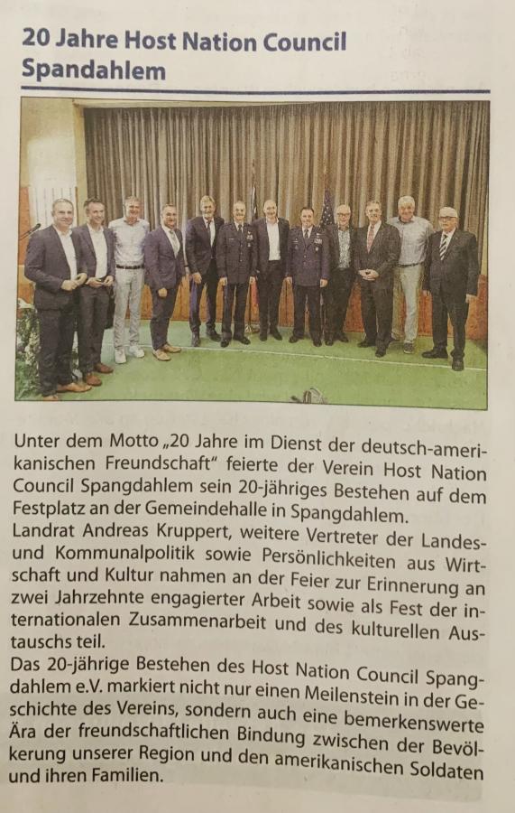 In the District News of the Eifel District Bitburg-Prüm of September 9, 2023 you can read about the 20th anniversary of the Host Nation Council Spangdahlem (registered association).