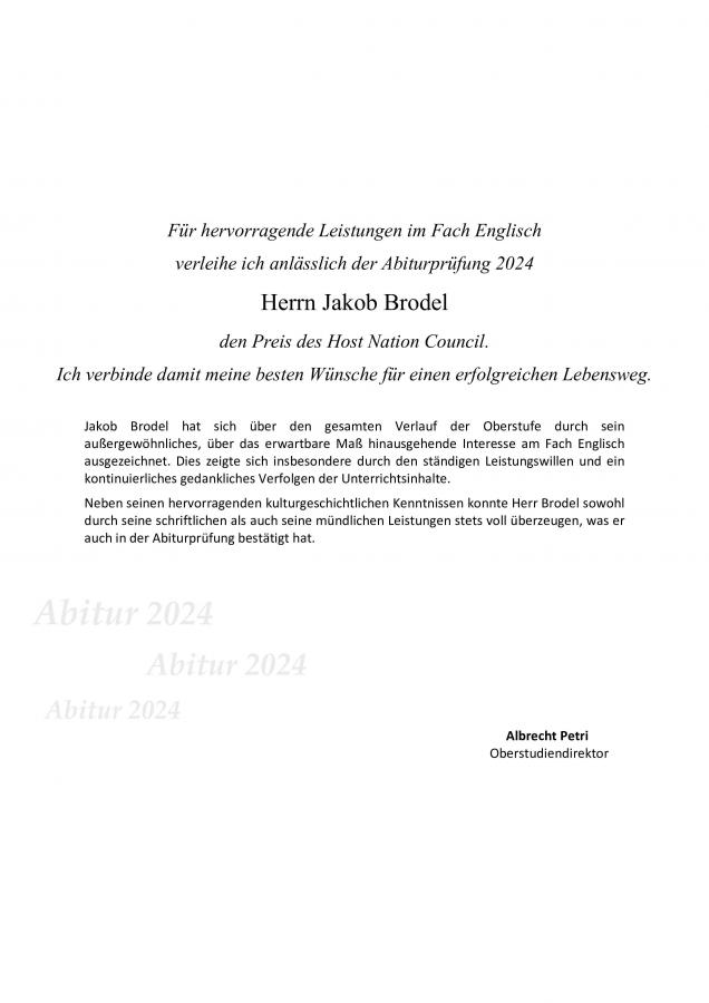 Auszeichnung für überdurchschnittliche Leistungen im Schulfach Englisch am Regino-Gymnasium Prüm Ciara Samol und Jakob Brodel Abiturfeier 2024