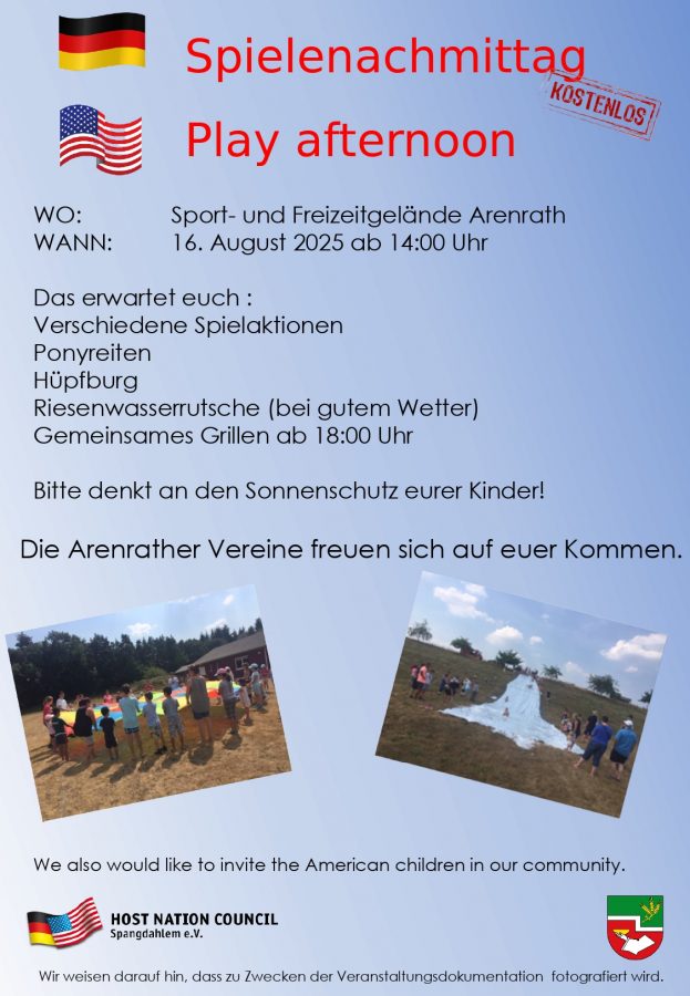 Flyer deutsche Version - Spielenachmittag Gemeinde Arenrath August 2025 - Host Nation Council Spangdahlem e.V.